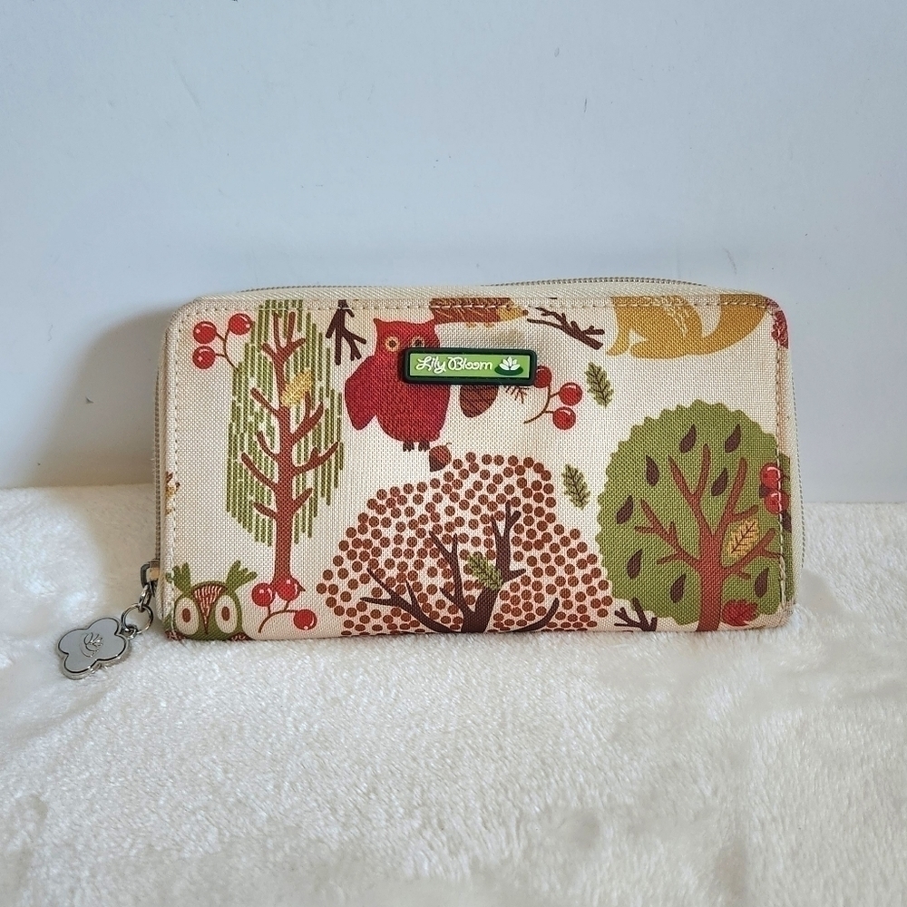 Lily Bloom Forest Owl Fox Porcupine Tan Green Zip Around Wallet